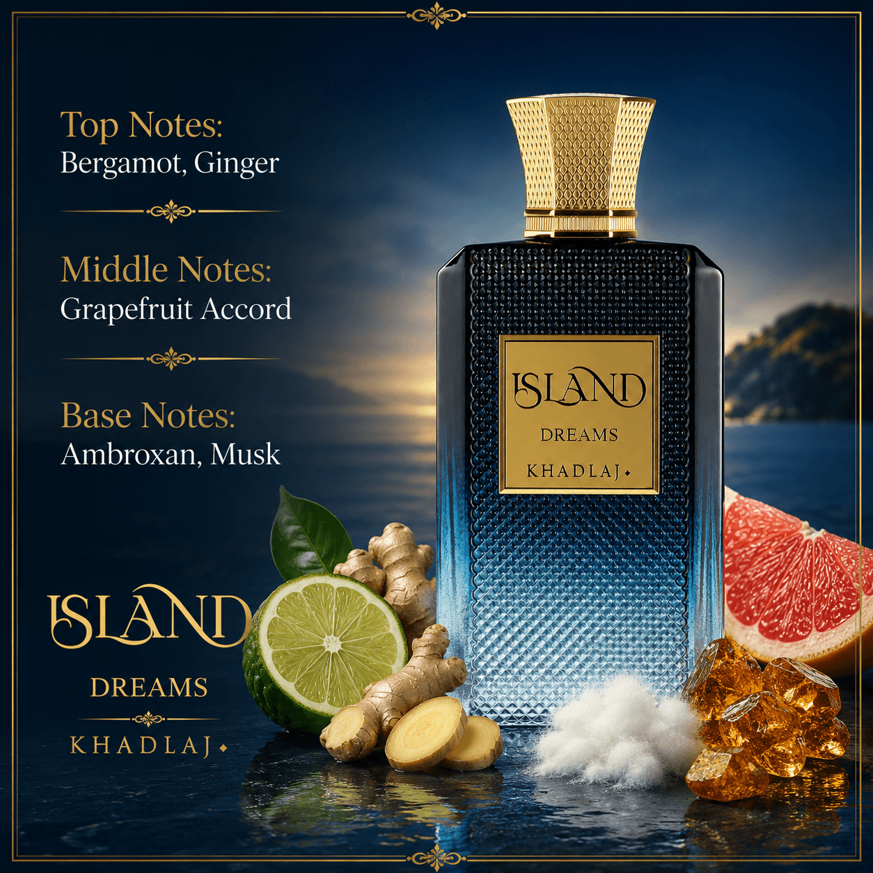 Khadlaj Island Dreams Extrait de Parfum in a bright island-inspired lifestyle display 