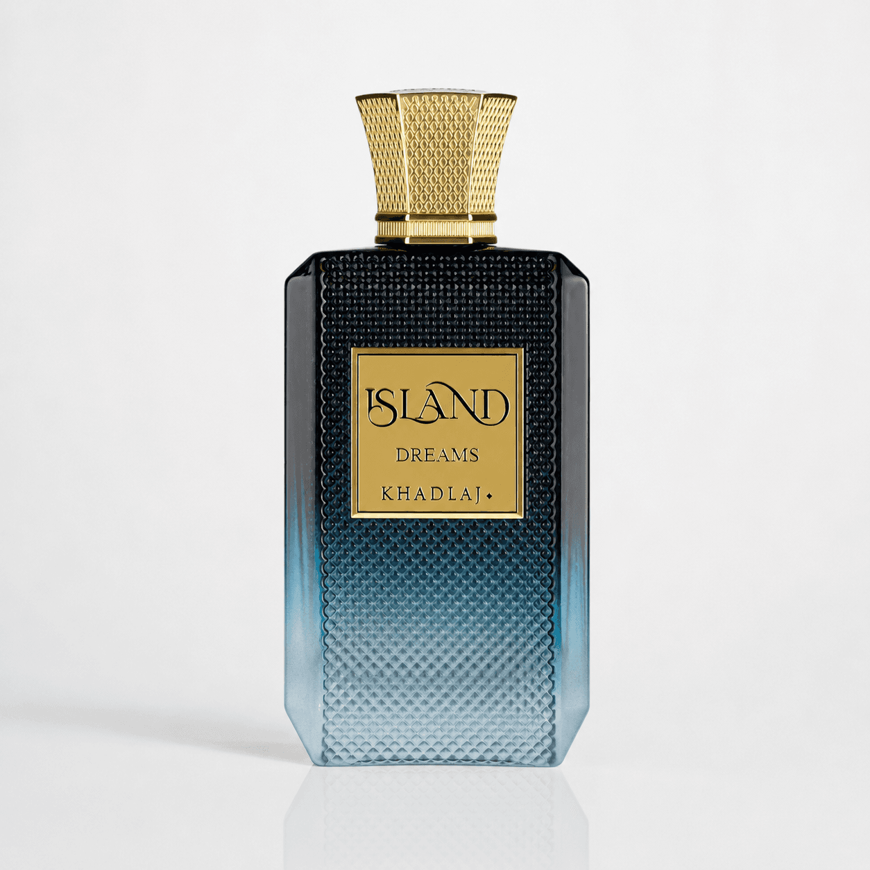 Close-up of Khadlaj Island Dreams Extrait de Parfum bottle and design details
