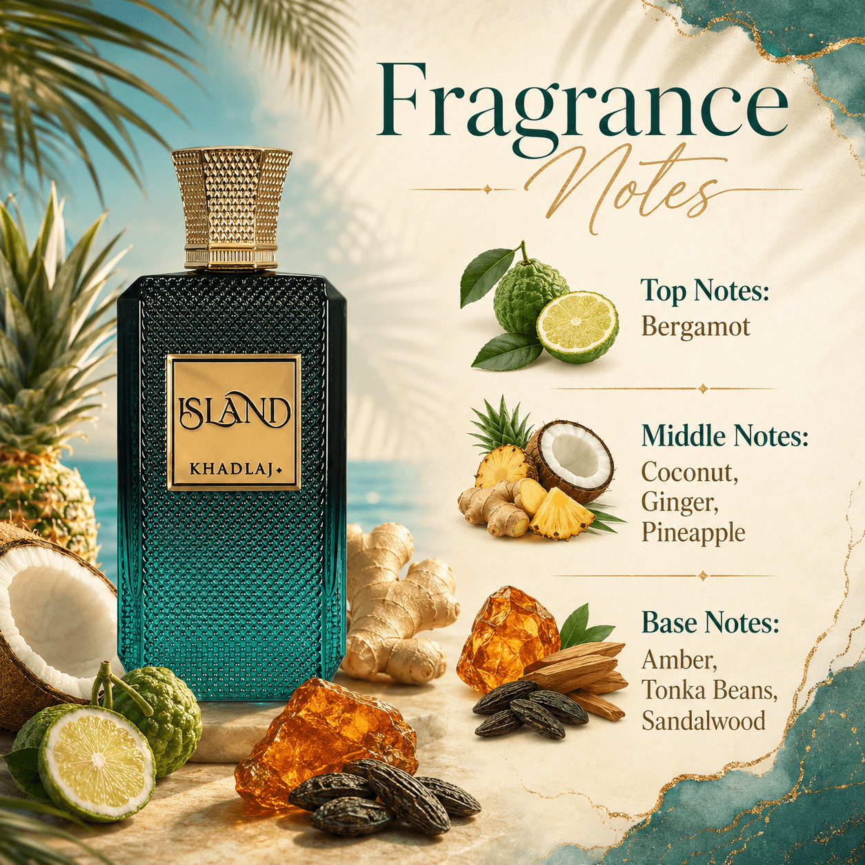 Khadlaj Island Extrait de Parfum in a bright coastal lifestyle display