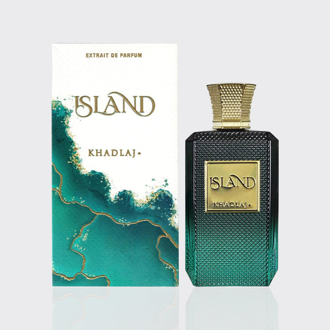 Perfume bottle and packaging of 'Island' by Khadlaj on a light gray background