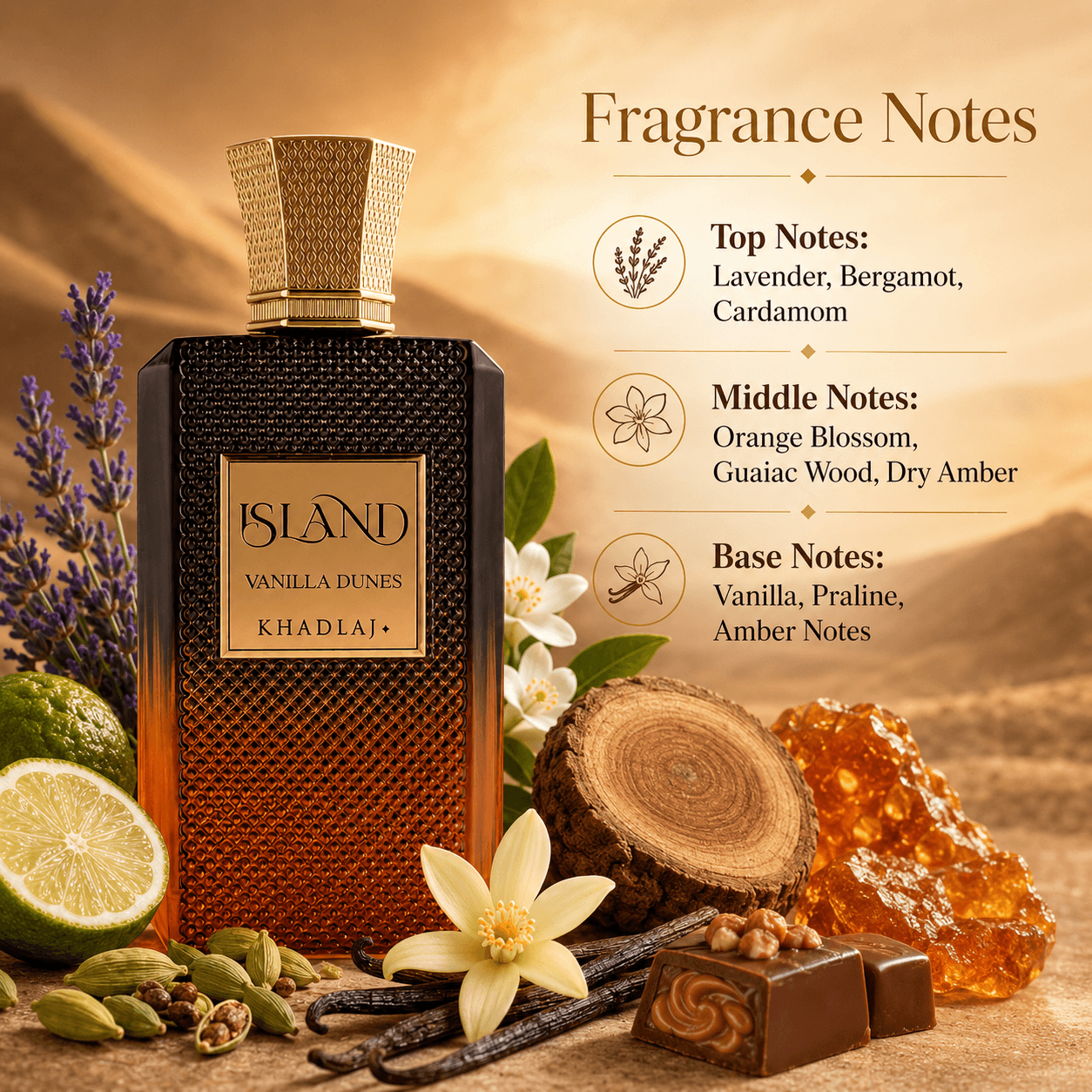 Khadlaj Island Vanilla Dunes Extrait de Parfum in a golden evening lifestyle display
