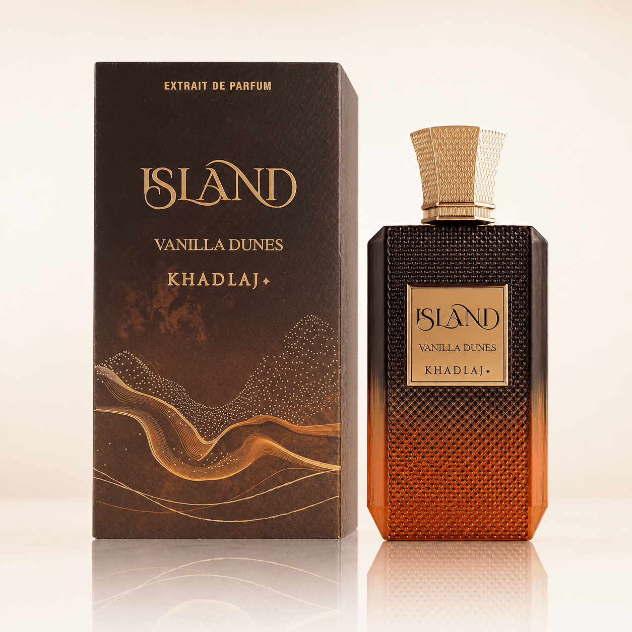 Close-up of Khadlaj Island Vanilla Dunes Extrait de Parfum bottle and design details