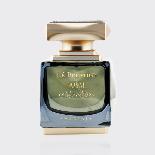 Perfume bottle labeled 'Le Prestige Royal' by Khadlaj on a light gray background