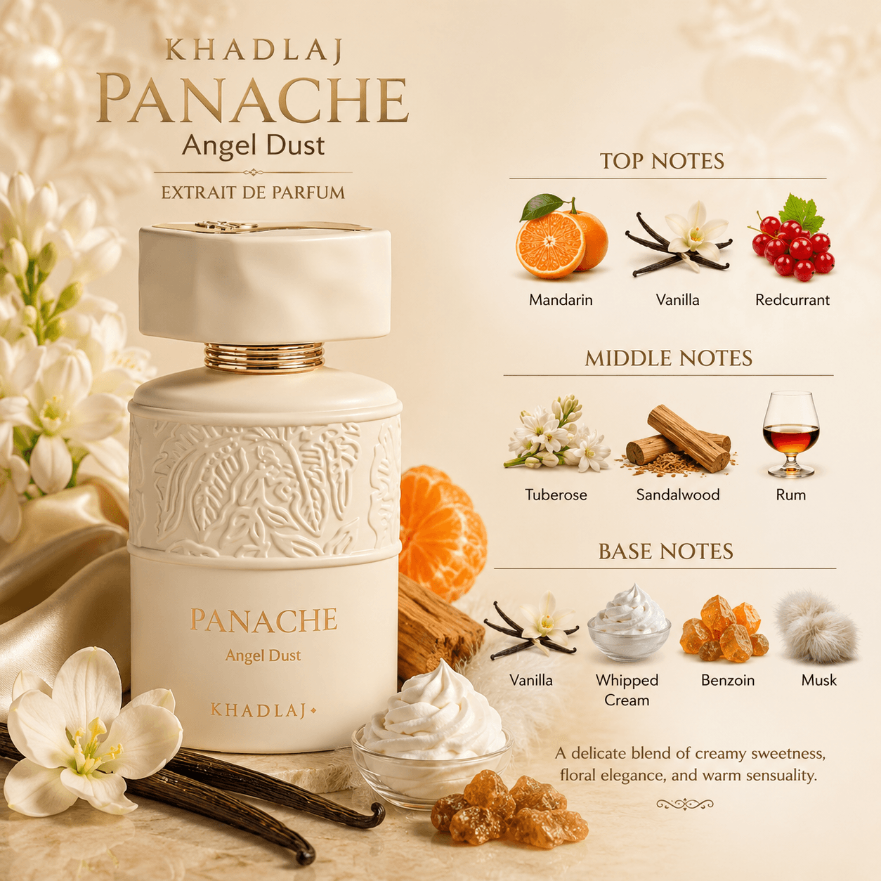 Khadlaj Panache Angel Dust Extrait de Parfum in a soft glamorous lifestyle display