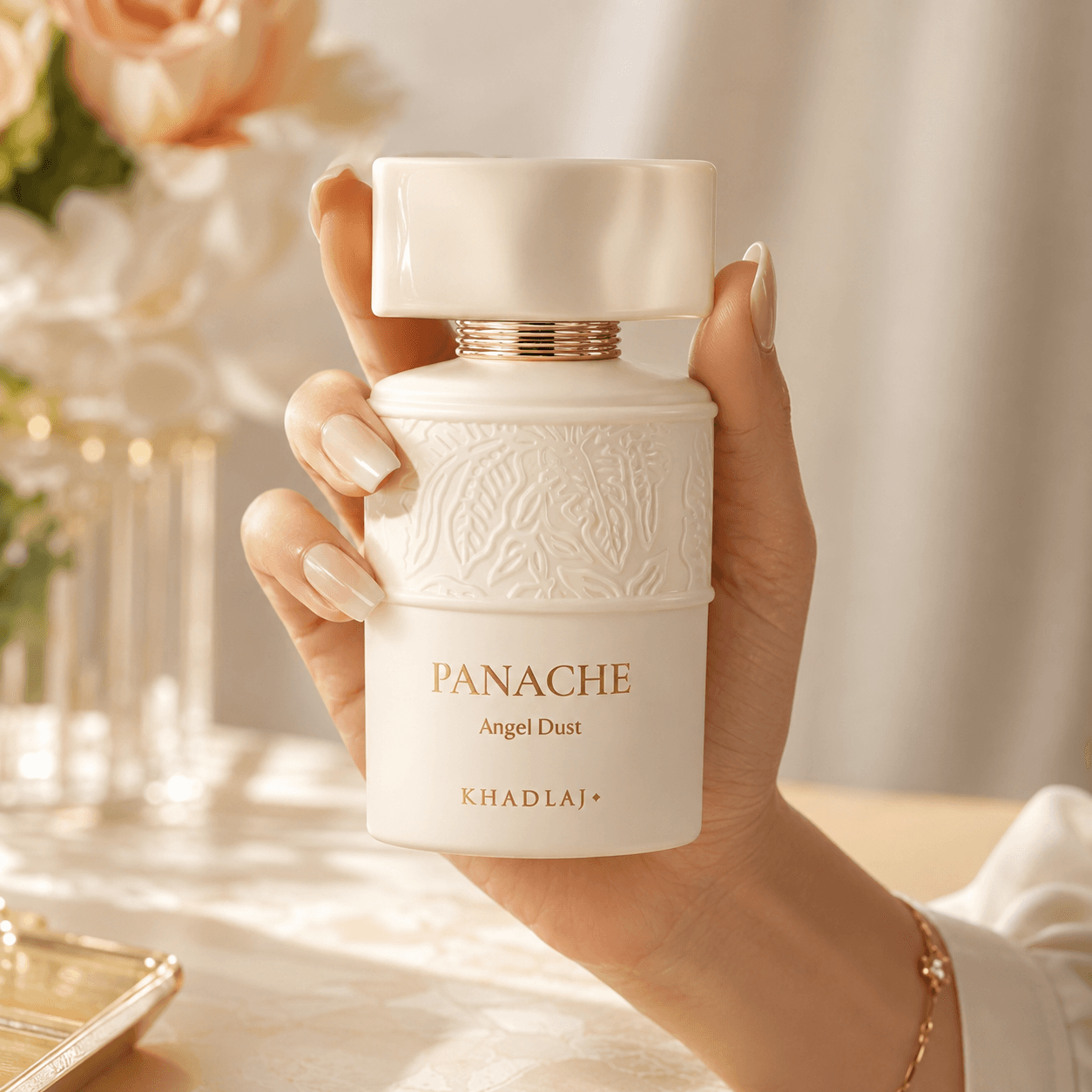 Khadlaj Panache Angel Dust women's perfume in a creamy vanilla fragrance setting