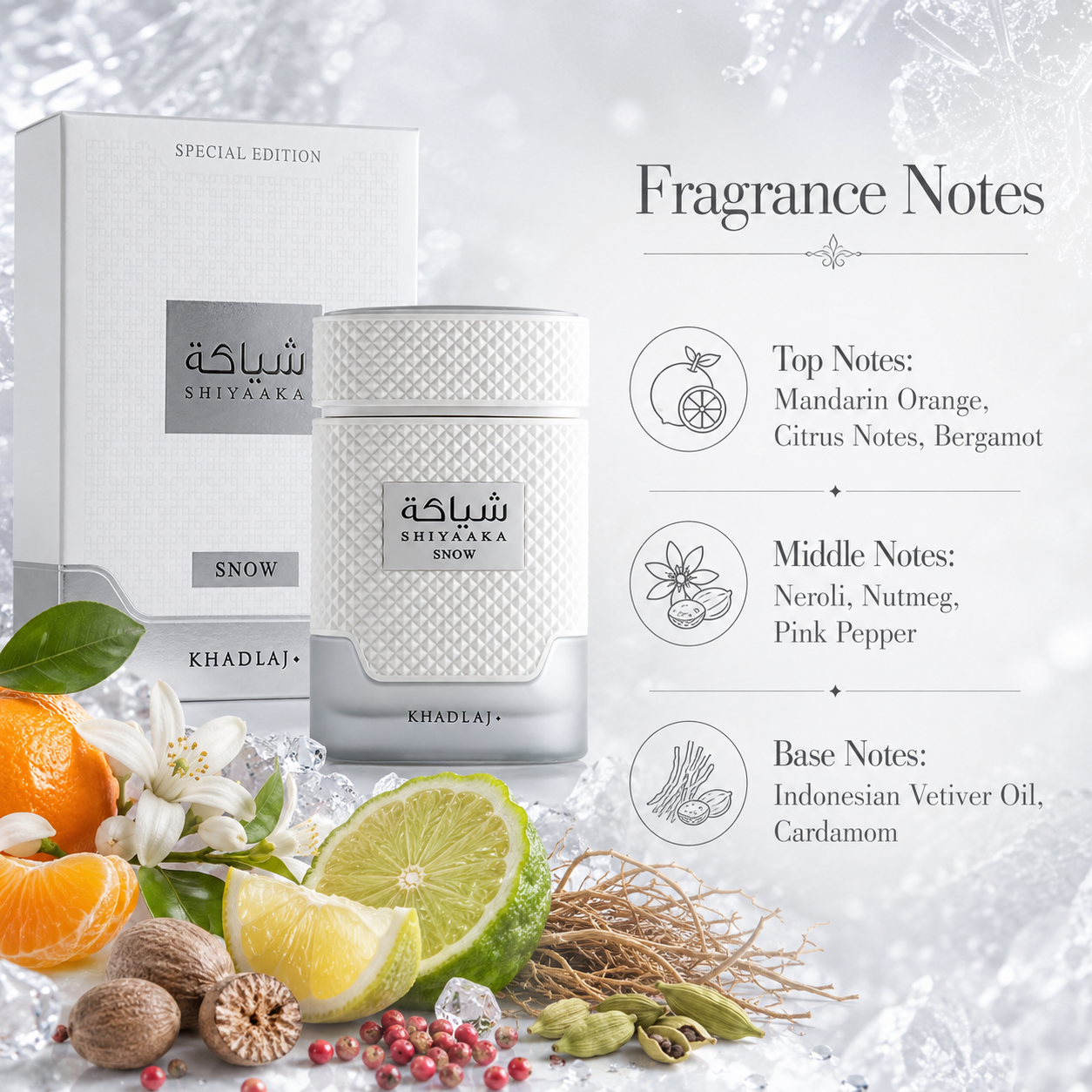 Khadlaj Shiyaaka Snow Eau de Parfum in a clean modern masculine lifestyle display