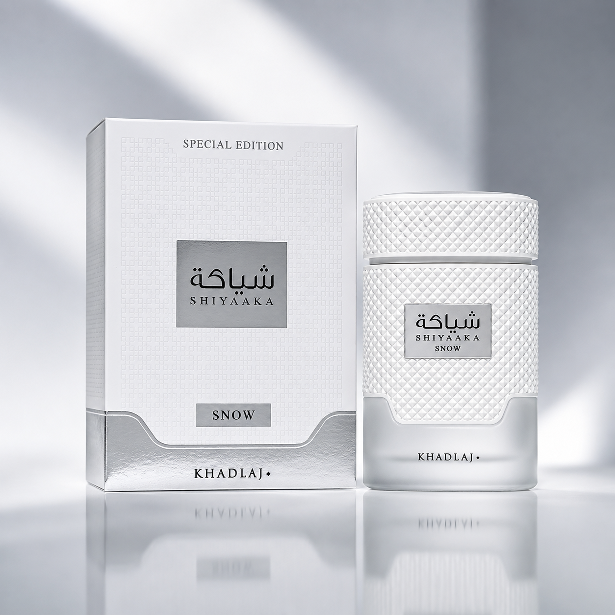Khadlaj Shiyaaka Snow men's fragrance styled with citrus, spice and vetiver accents