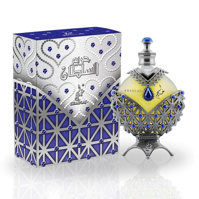 Khadlaj Hareem Al Sultan Blue Concentrated Perfume Oil bottle and box with intricate designs on a white background