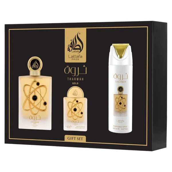 Lattafa Tharwah Gold Gift (3 Pcs Set 100 ML EDP + 20 ML EDP + 200 ML Body Spray) For Women