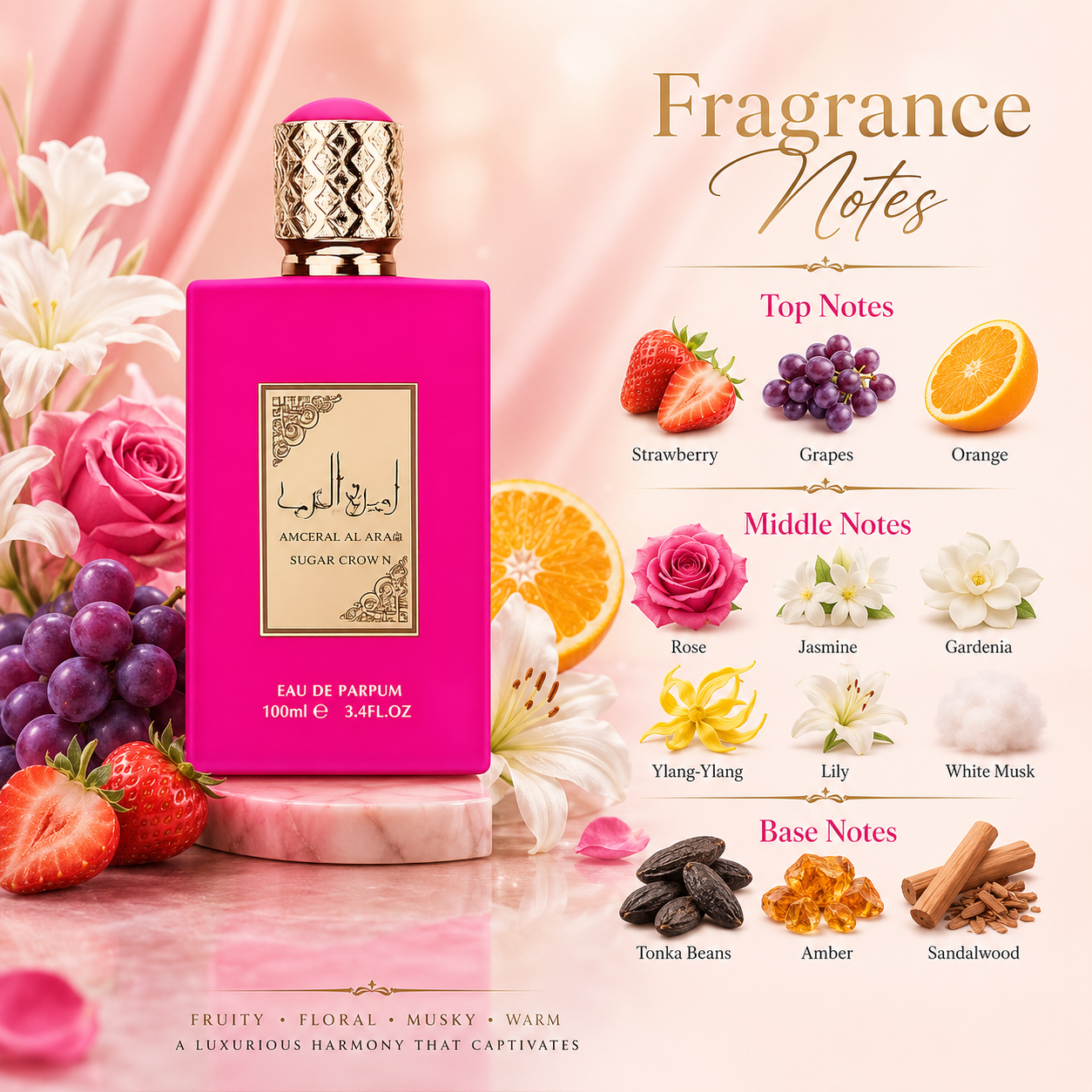 Lattafa Ameerat Al Arab Sugar Crown for Women Eau de Parfum Spray, 3.4 Ounce