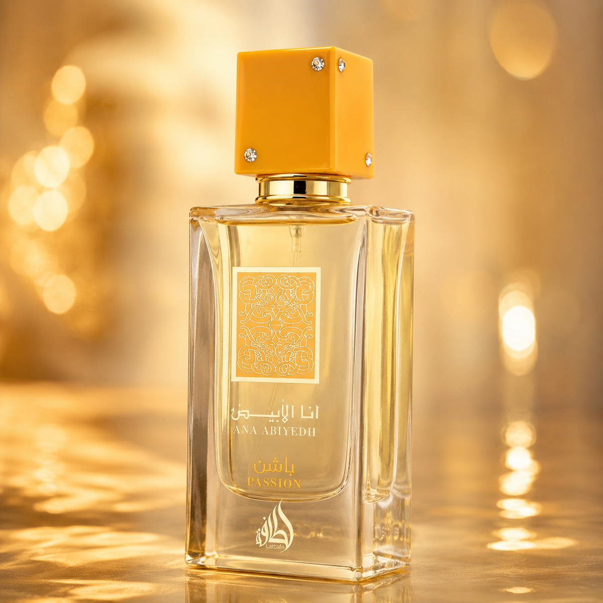 Close-up of Lattafa Ana Abiyedh Passion Eau de Parfum bottle and packaging details