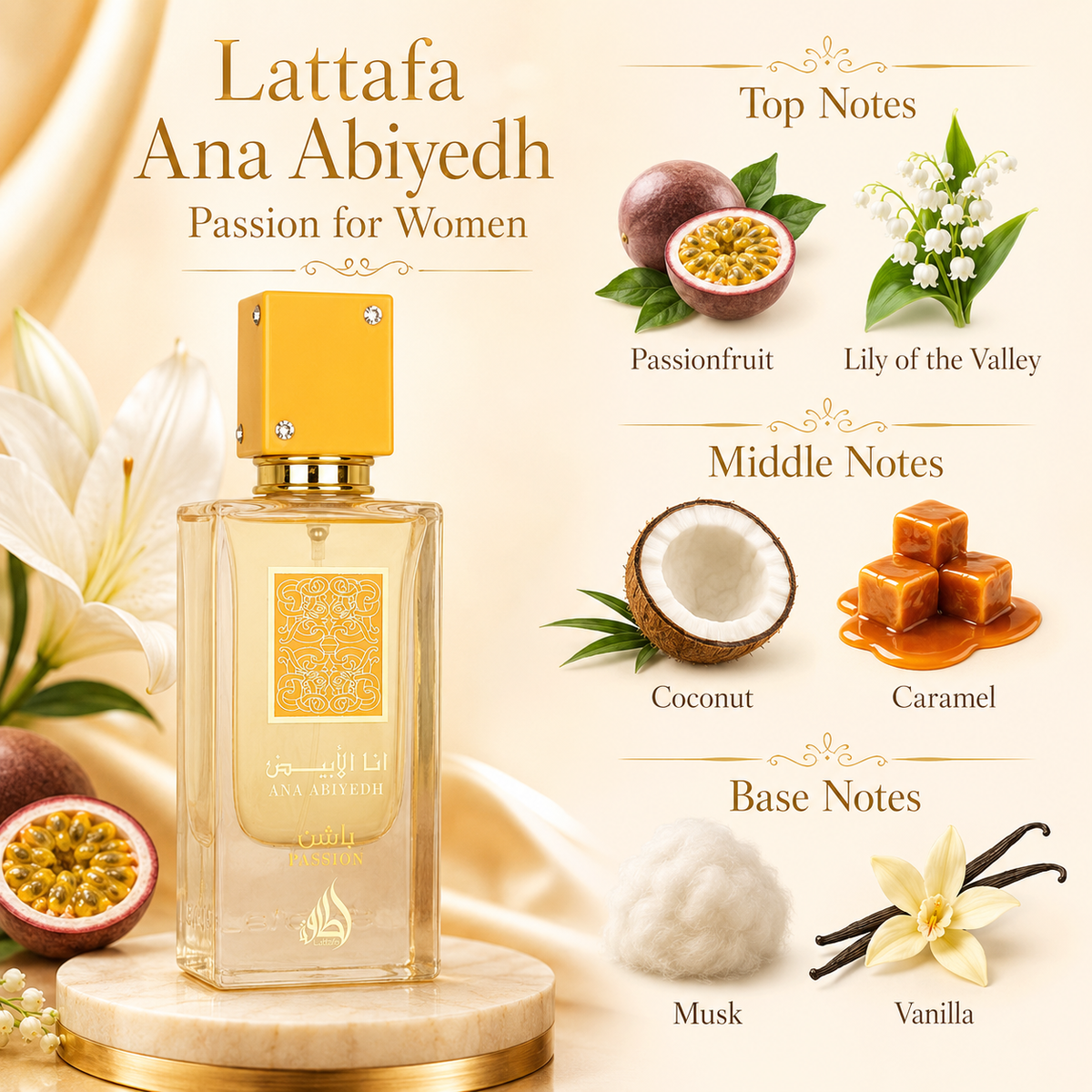 Lattafa Ana Abiyedh Passion Eau de Parfum in a polished women's lifestyle display