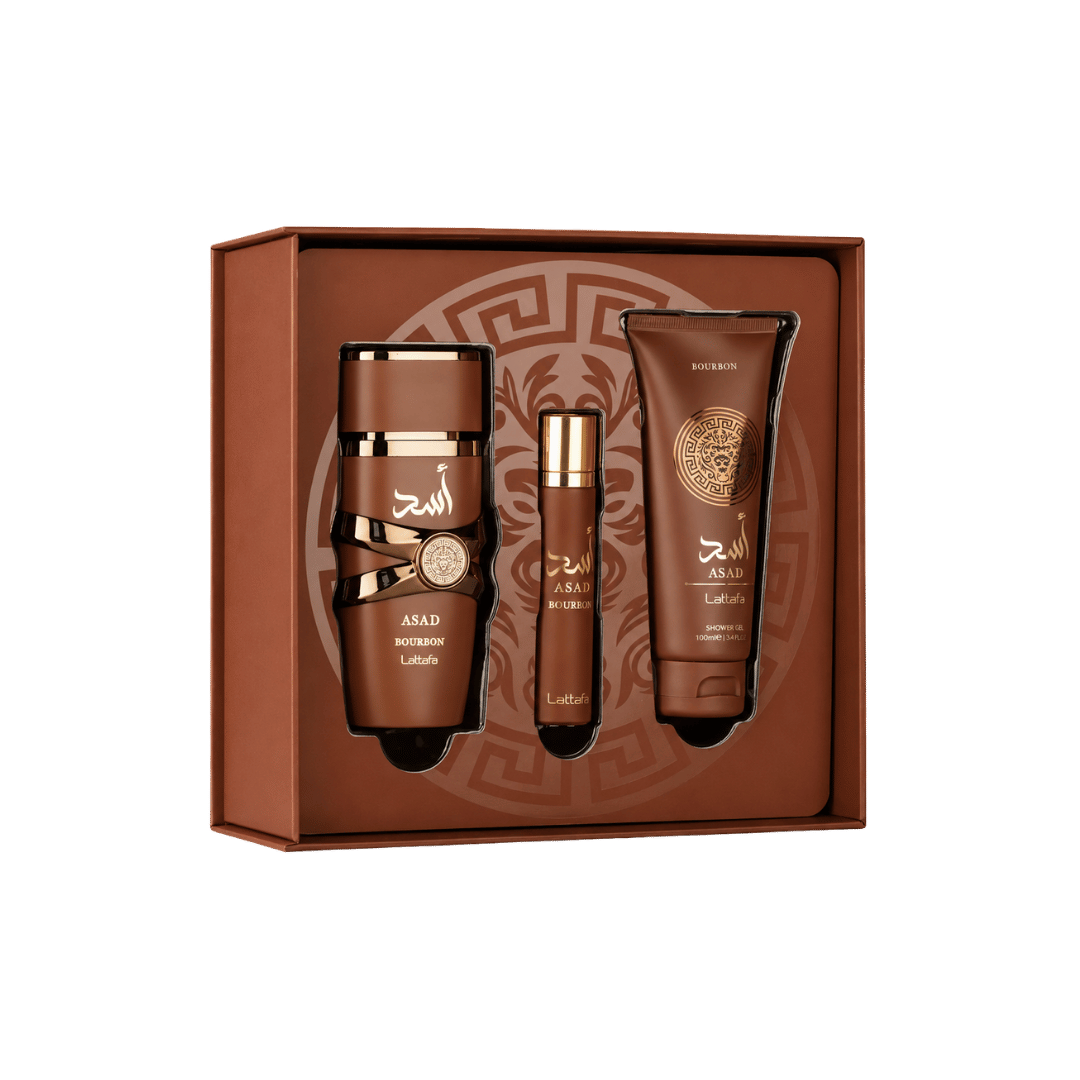 Lattafa  Asad Bourbon 3PC Gift Set (100ml + 12ml + Shower Gel) For Men