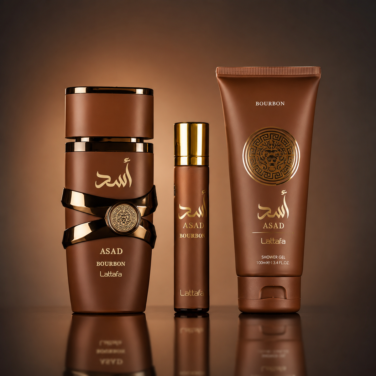 Close-up of Lattafa Asad Bourbon 3 Piece Gift Set Lattafa gift set packaging and fragrance products