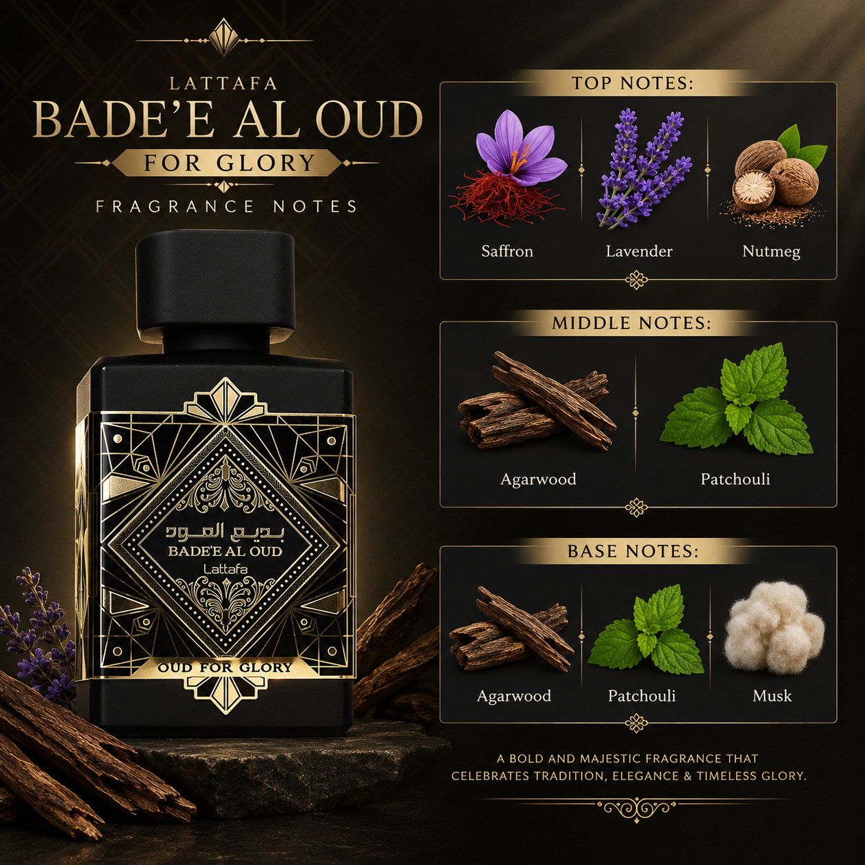 Lattafa Bade'e Al Oud for Glory for Unisex Eau de Parfum Spray, 3.4 Ounce