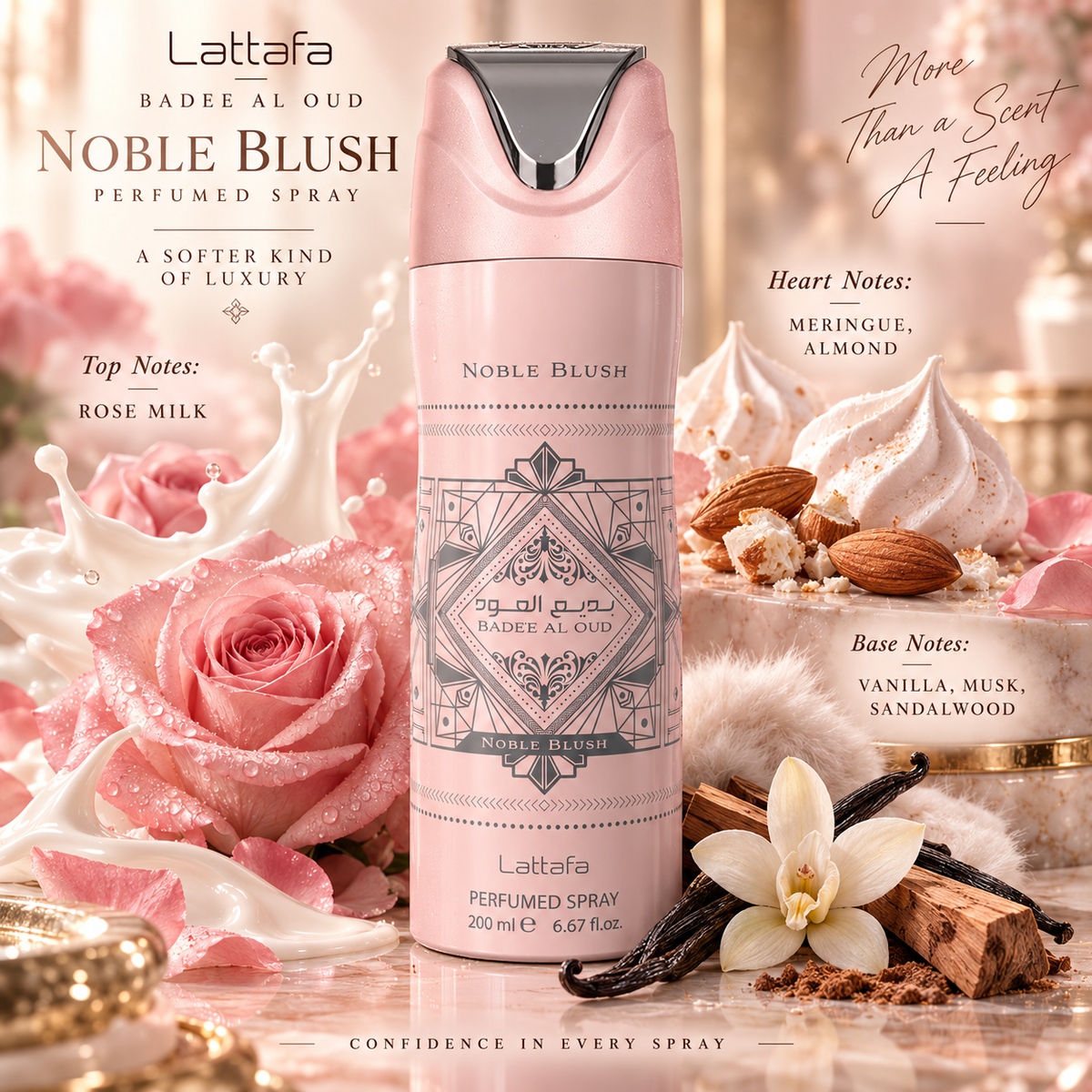 Lattafa Bade'e Al Oud Noble Blush Deodorant Spray for Women, 6.8 Ounce