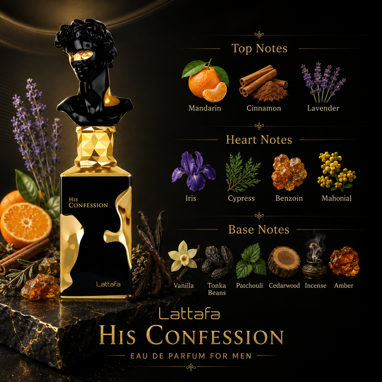Lattafa His Confession for Men Eau de Parfum Spray, 3.4 Ounce