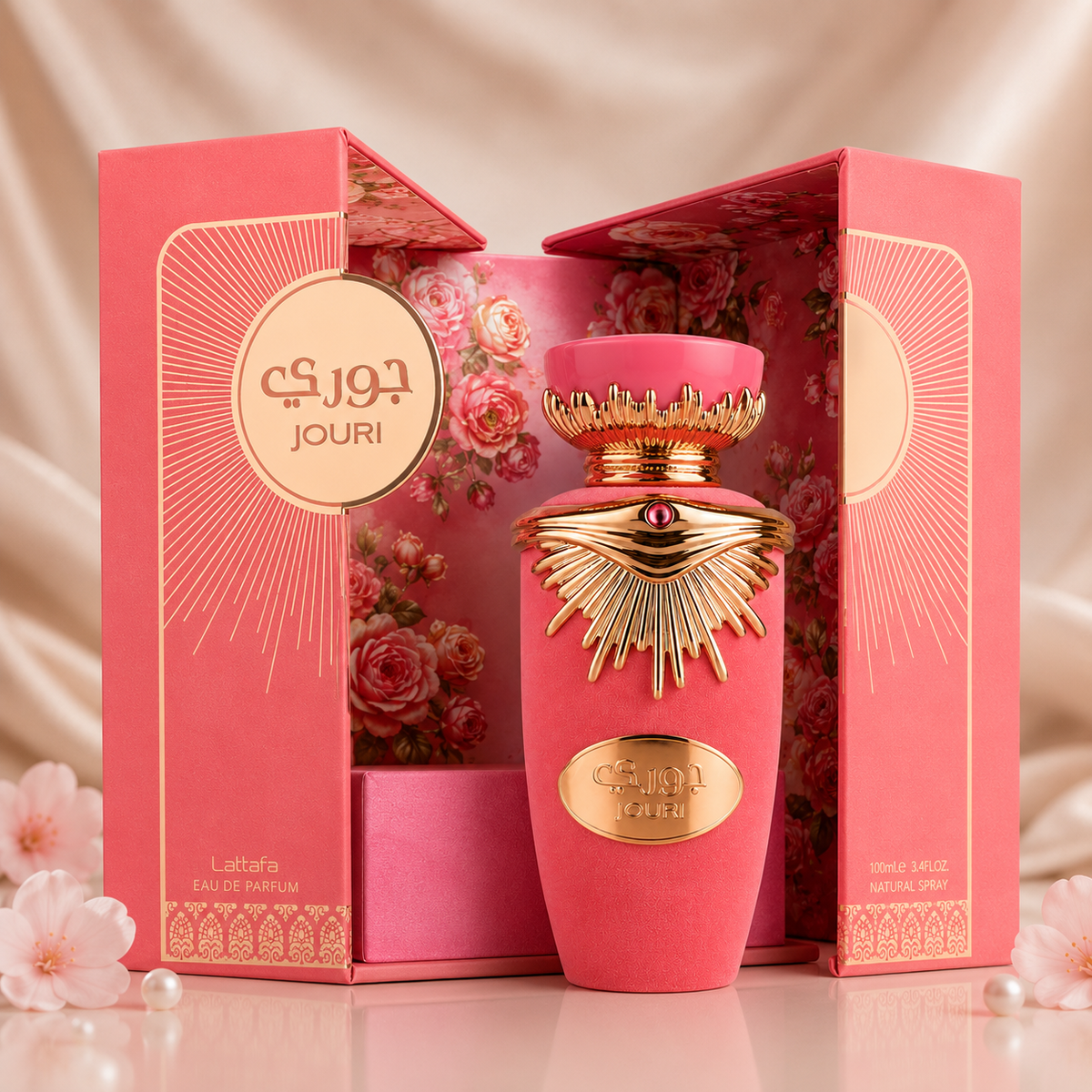 Lattafa Jouri Eau de Parfum in a polished women's lifestyle display