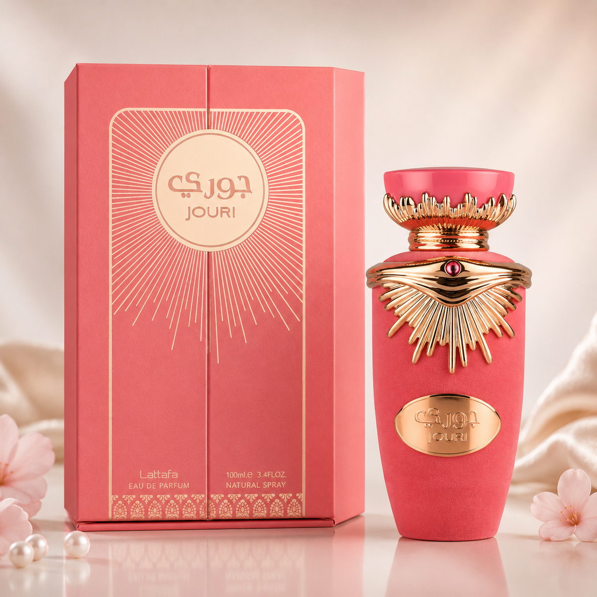 Close-up of Lattafa Jouri Eau de Parfum bottle and packaging details