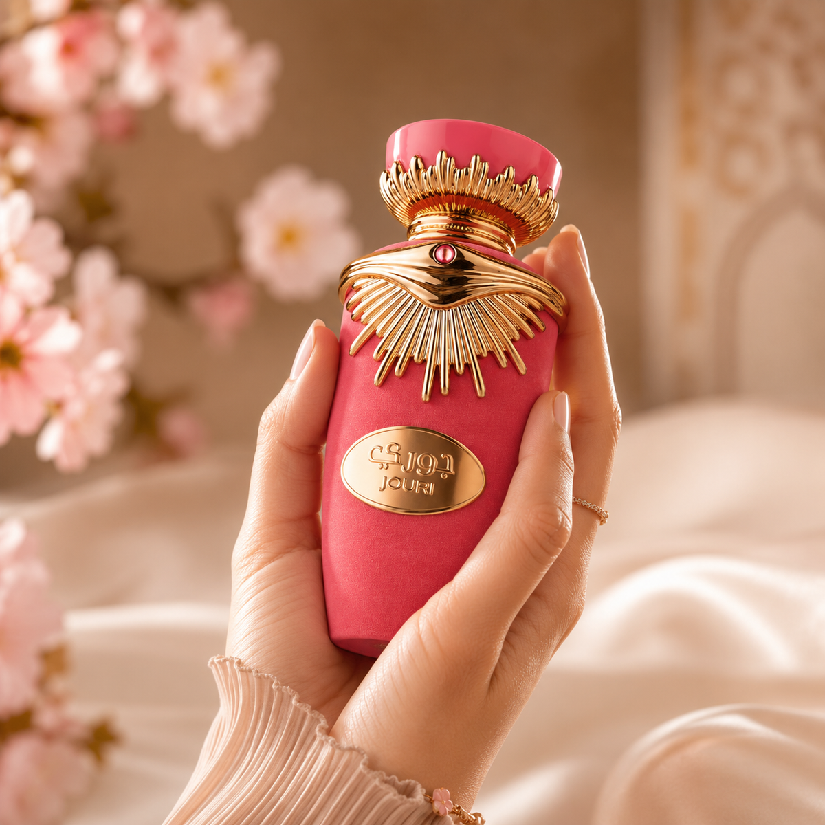 Lattafa Jouri women's Arabian perfume in a sweet gourmand fragrance setting