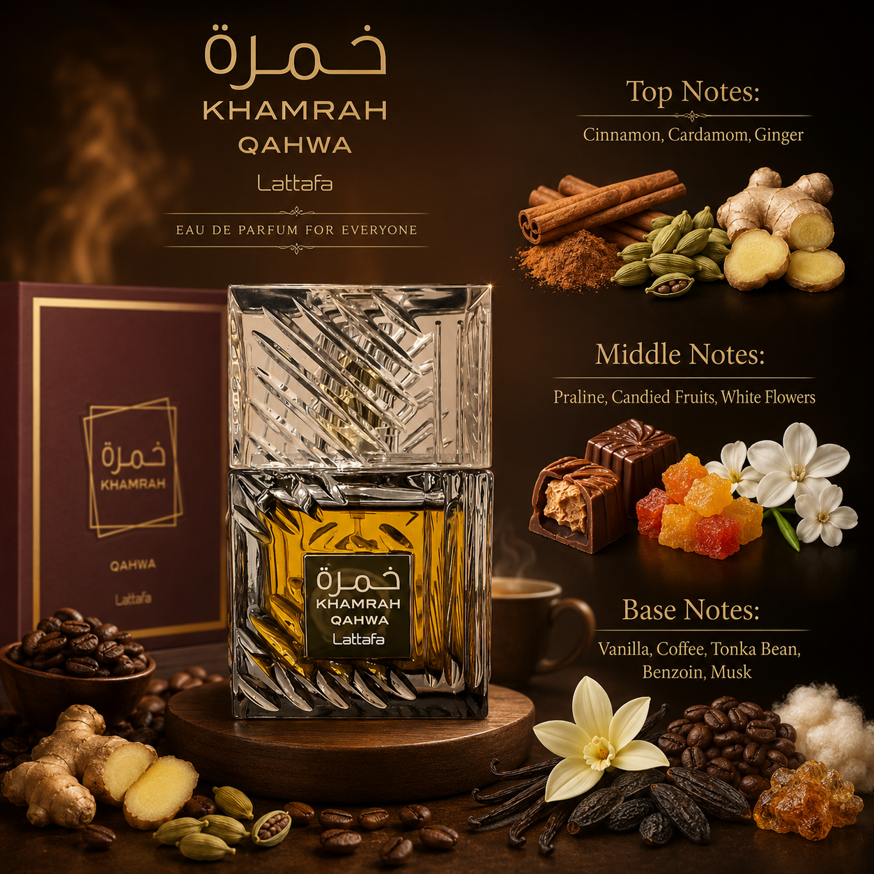 Lattafa Khamrah Qahwa Unisex Eau de Parfum Spray, 3.4 Ounce