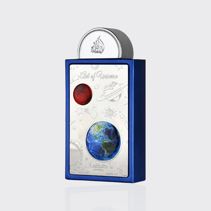 Cosmetic product packaging with Earth and Mars illustrations on a white background
