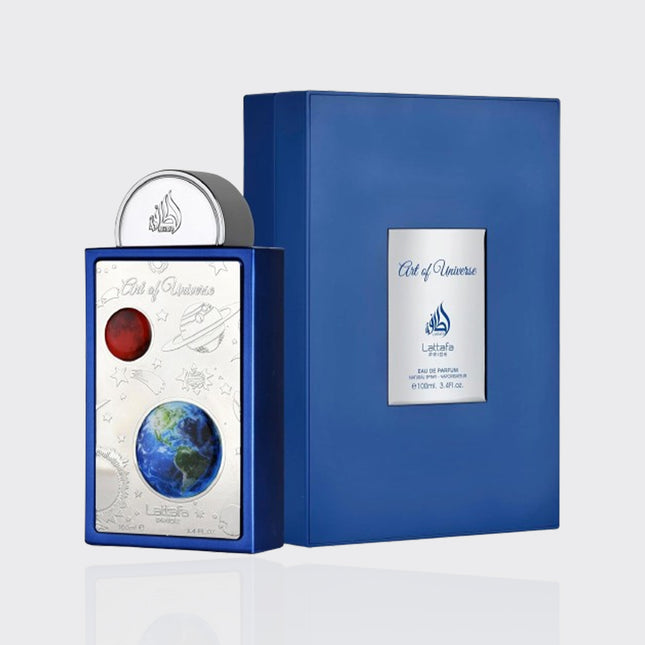Blue perfume bottle packaging with 'Art of Universe' branding on a white background