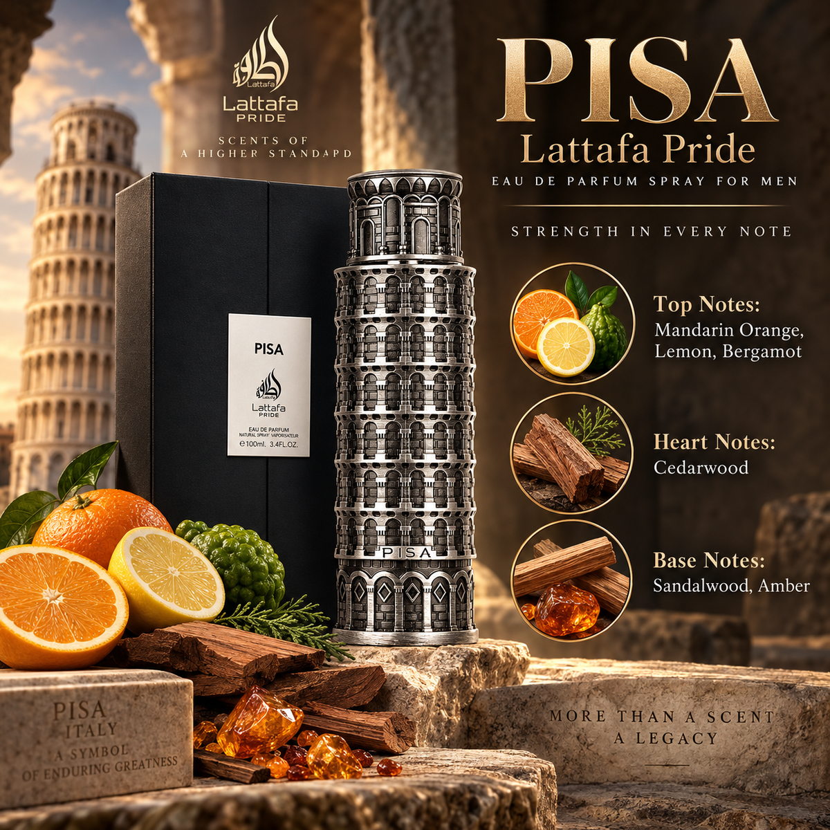 Lattafa Pride Pisa Eau de Parfum Spray for Men, 3.4 Ounce