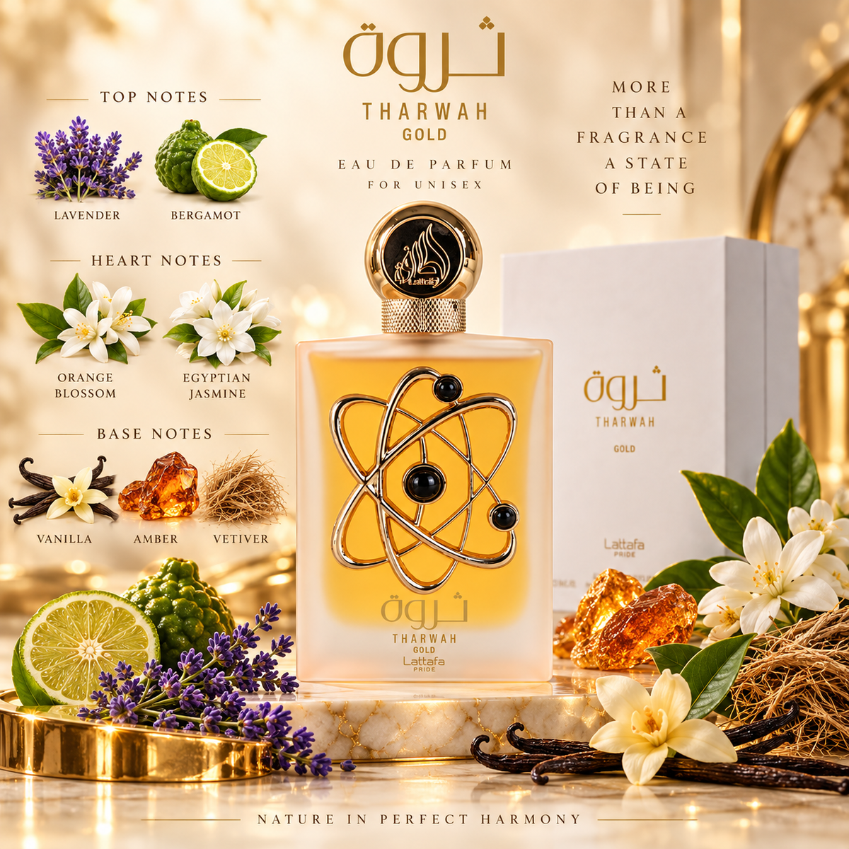 Lattafa Tharwah Gold Eau de Parfum for Women, 3.4 Ounce