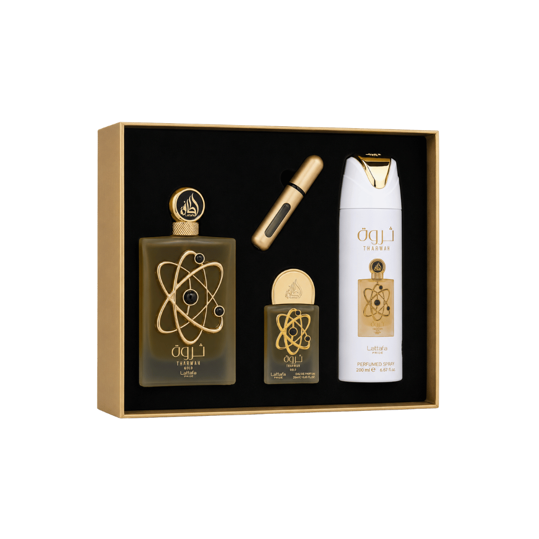 Lattafa Tharwah Gold Gift (3 Pcs Set 100 ML EDP + 20 ML EDP + 200 ML Body Spray) For Women