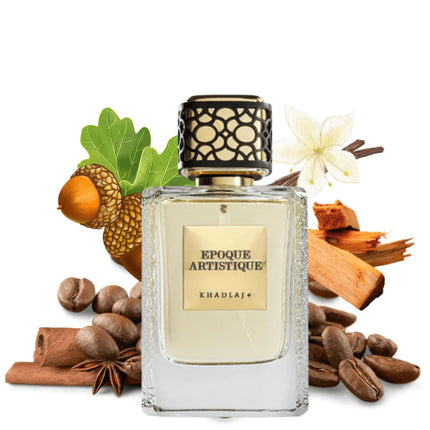 Perfume bottle labeled 'Epoque Artistique' surrounded by vanilla beans, cinnamon sticks, and coffee beans on a white background.
