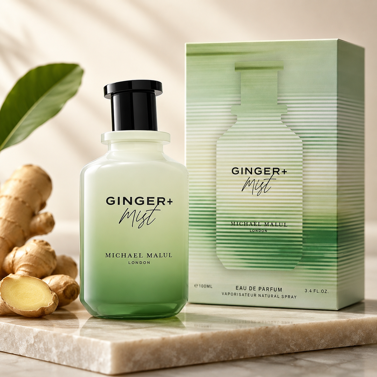 Michael Malul Ginger + Mist men's fragrance styled in a spicy woody aromatic presentation