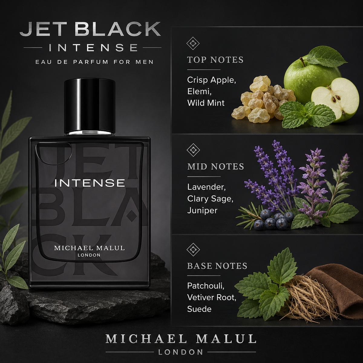 Michael Malul Jet Black Intense men's perfume in a bold green aromatic fragrance setting