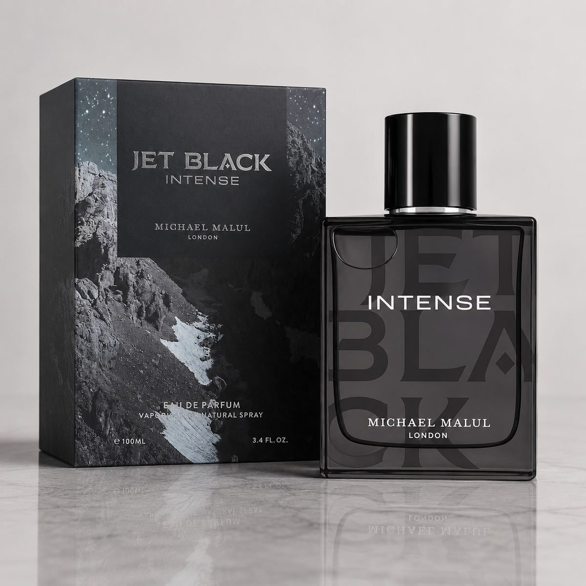 Close-up of Michael Malul Jet Black Intense Eau de Parfum bottle and design details