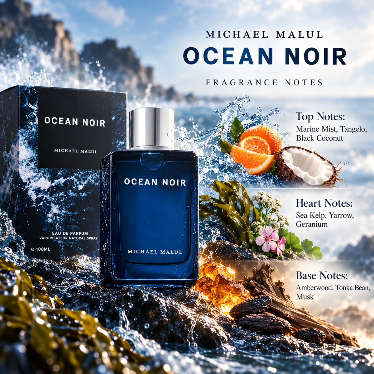 Michael Malul Ocean Noir Parfum for Men 3.4 Ounce
