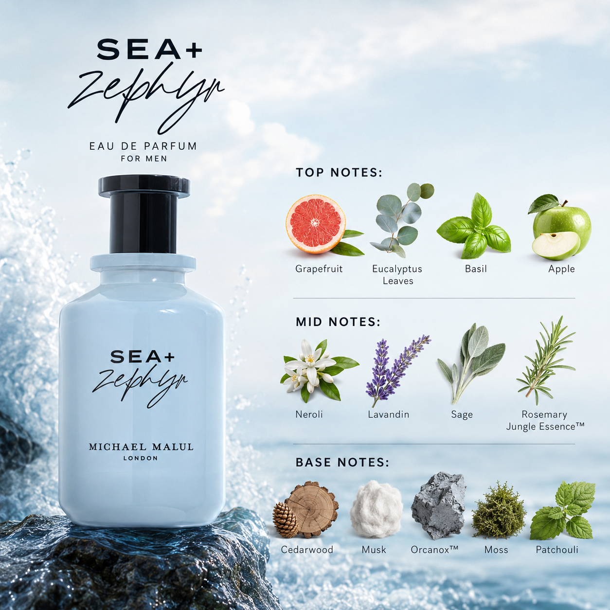 Michael Malul Sea + Zephyr Eau de Parfum for Men 3.4 Ounce