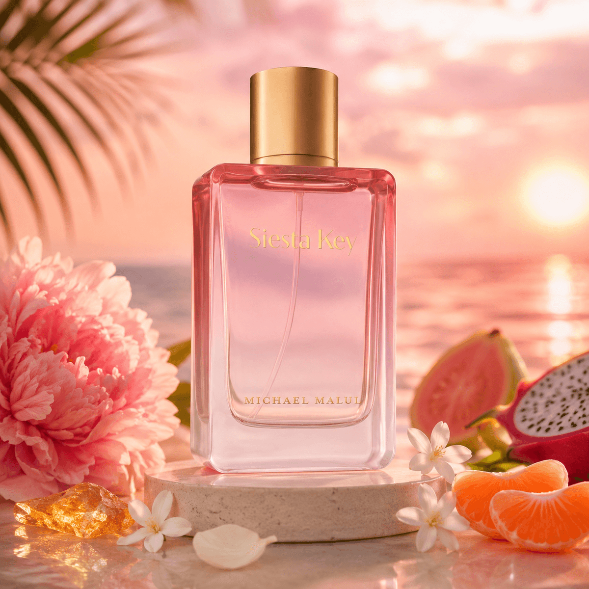 Michael Malul Siesta Key Eau de Parfum in a sun-kissed coastal lifestyle display