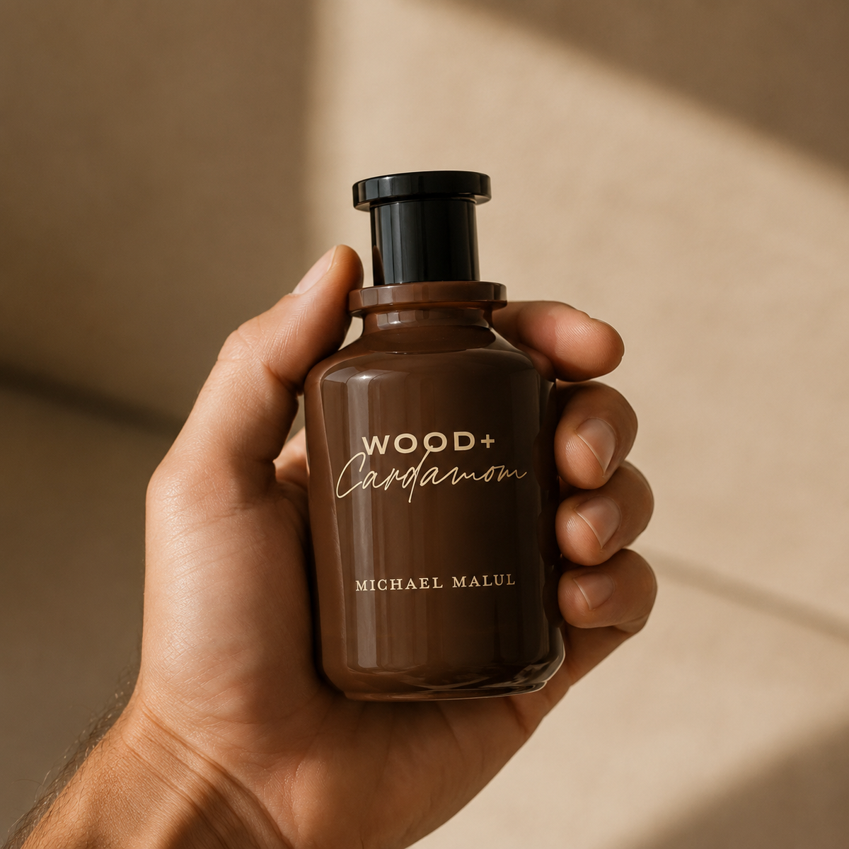 Michael Malul Wood + Cardamom men's perfume in an elegant woody spice fragrance setting