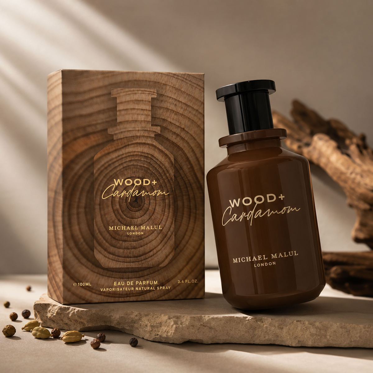 Michael Malul Wood + Cardamom men's fragrance styled in a warm sandalwood spice presentation