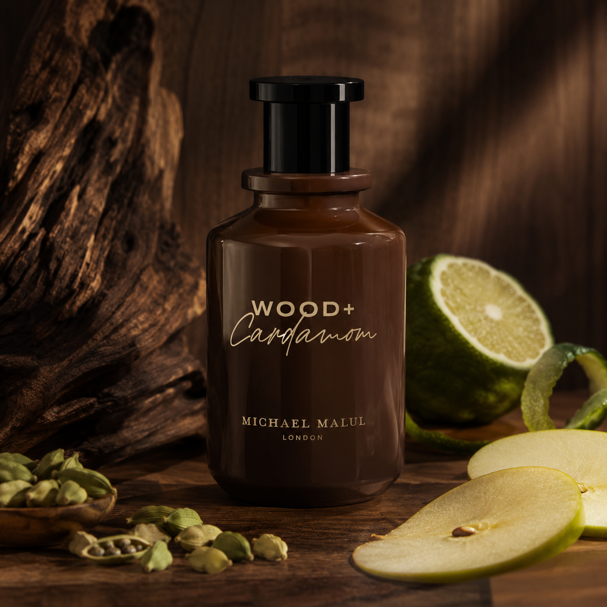 Close-up of Michael Malul Wood + Cardamom Eau de Parfum bottle and design details
