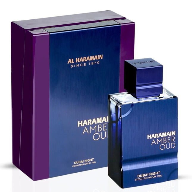 Haramain Amber Oud perfume bottle and packaging on a white background