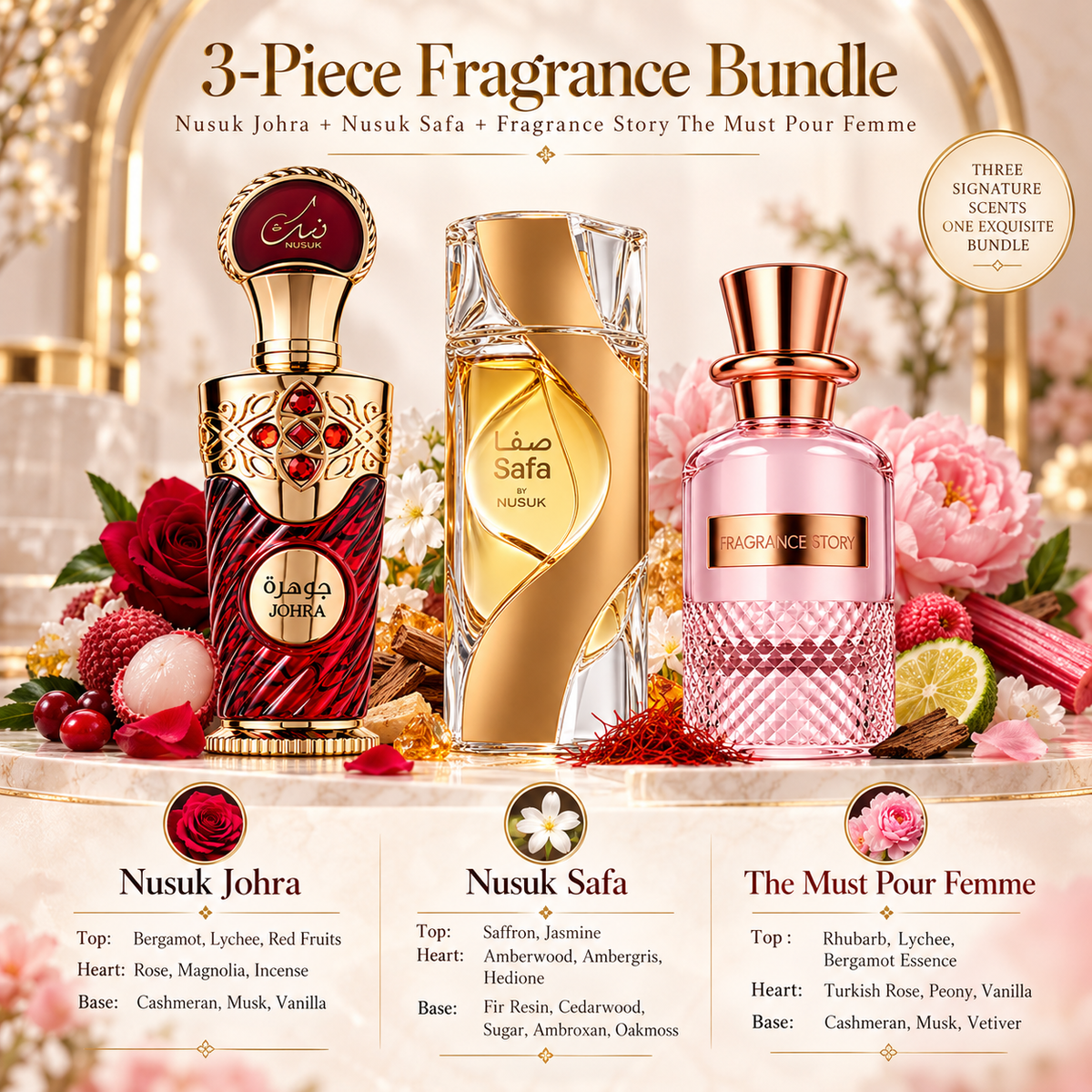 Nusuk Johra + Nusuk Safa + Fragrance Story The Must Pour Femme 3-Piece Fragrance Bundle for Women