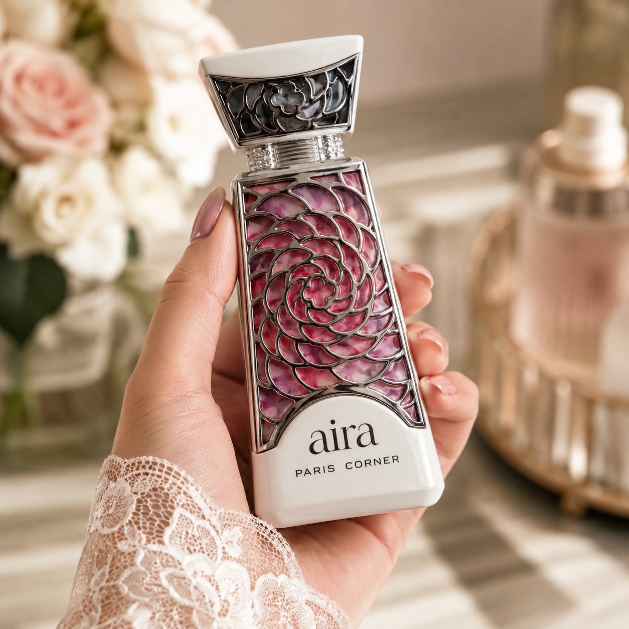 Close-up of Paris Corner Aira Eau de Parfum bottle and design details