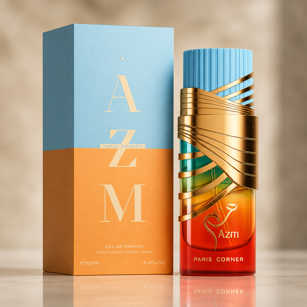 Paris Corner Azm fragrance styled with rum, white florals, vanilla and warm woods