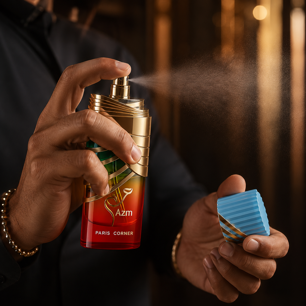 Paris Corner Azm fragrance notes with peach, pear, rum, tuberose, jasmine, vanilla and sandalwood
