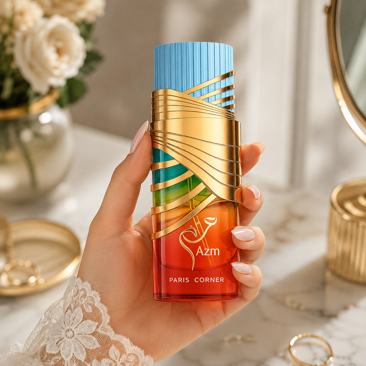 Paris Corner Azm unisex perfume in a rich fruity floral fragrance setting