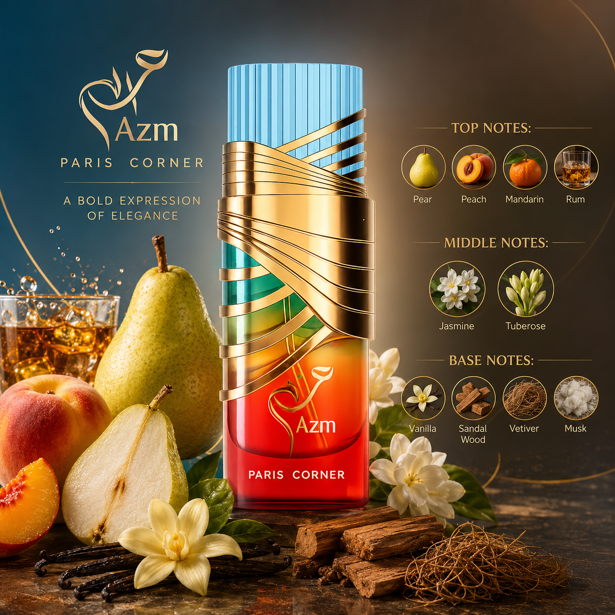 Paris Corner Azm Eau de Parfum in a polished evening lifestyle display