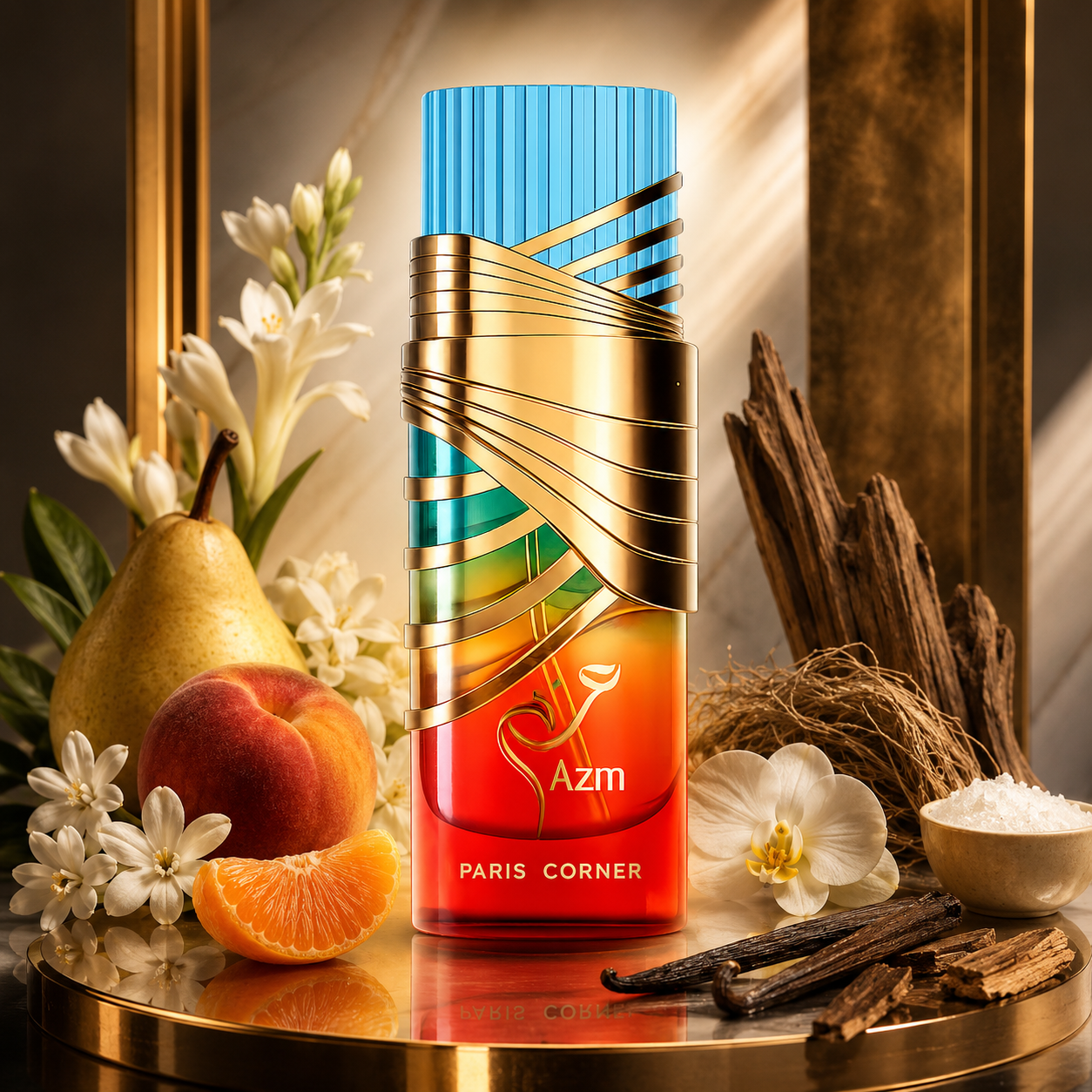 Close-up of Paris Corner Azm Eau de Parfum bottle and design details