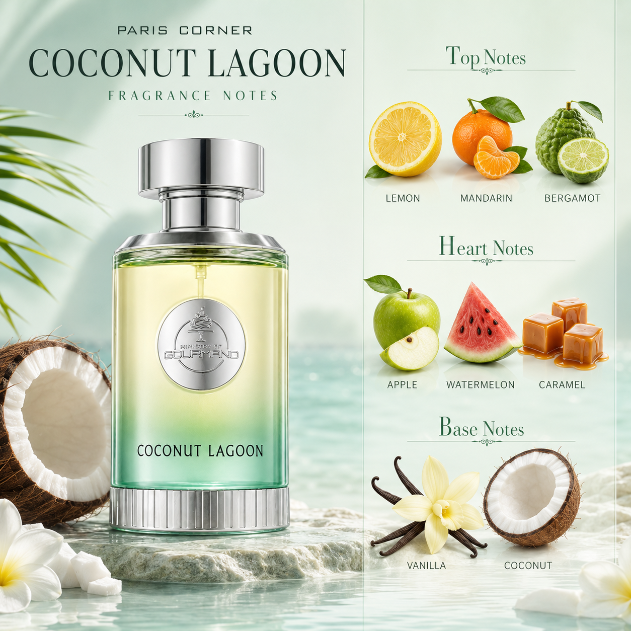 Paris Corner Coconut Lagoon Eau de Parfum in a bright beach-inspired lifestyle display