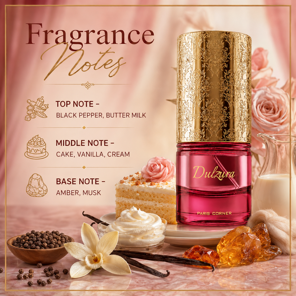 Paris Corner Dulzura Eau de Parfum in a cozy dessert-inspired feminine lifestyle display